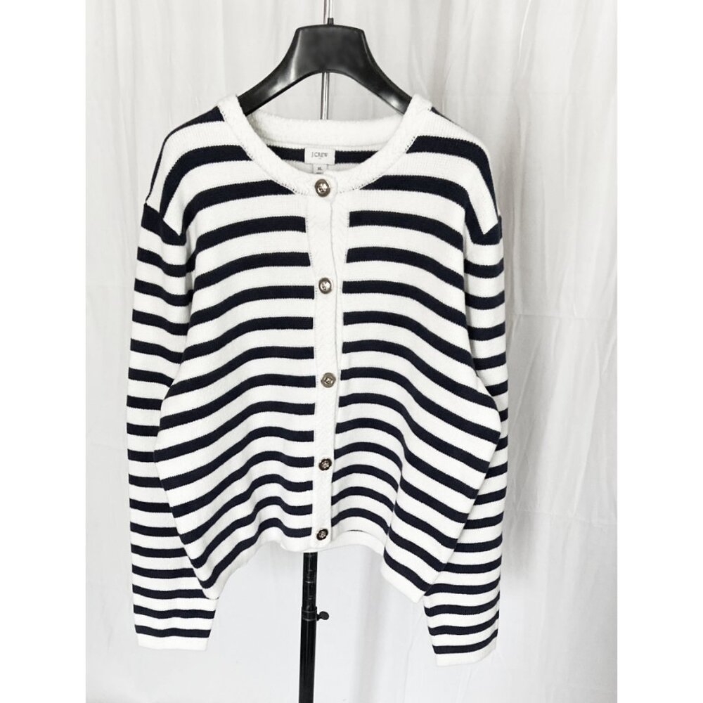 NWT J Crew Crew neck Striped cotton lady jacket cardigan sweater - Picture 2 of 8